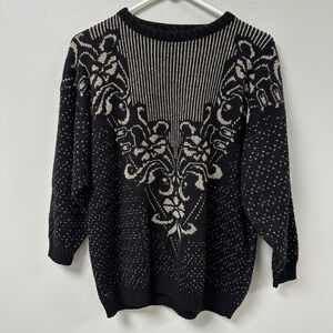 Jonathan Cass Vintage Black Gold Metallic Floral Knit Sweater Made in USA Womens